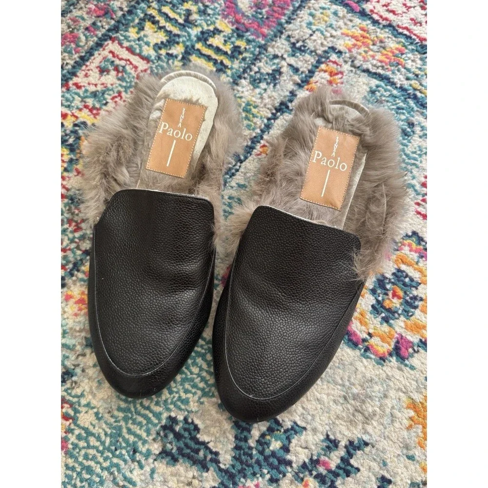 Linea Paolo Black Leather Mules‎ with Rabbit Fur Lining Women's Size 8.5M
